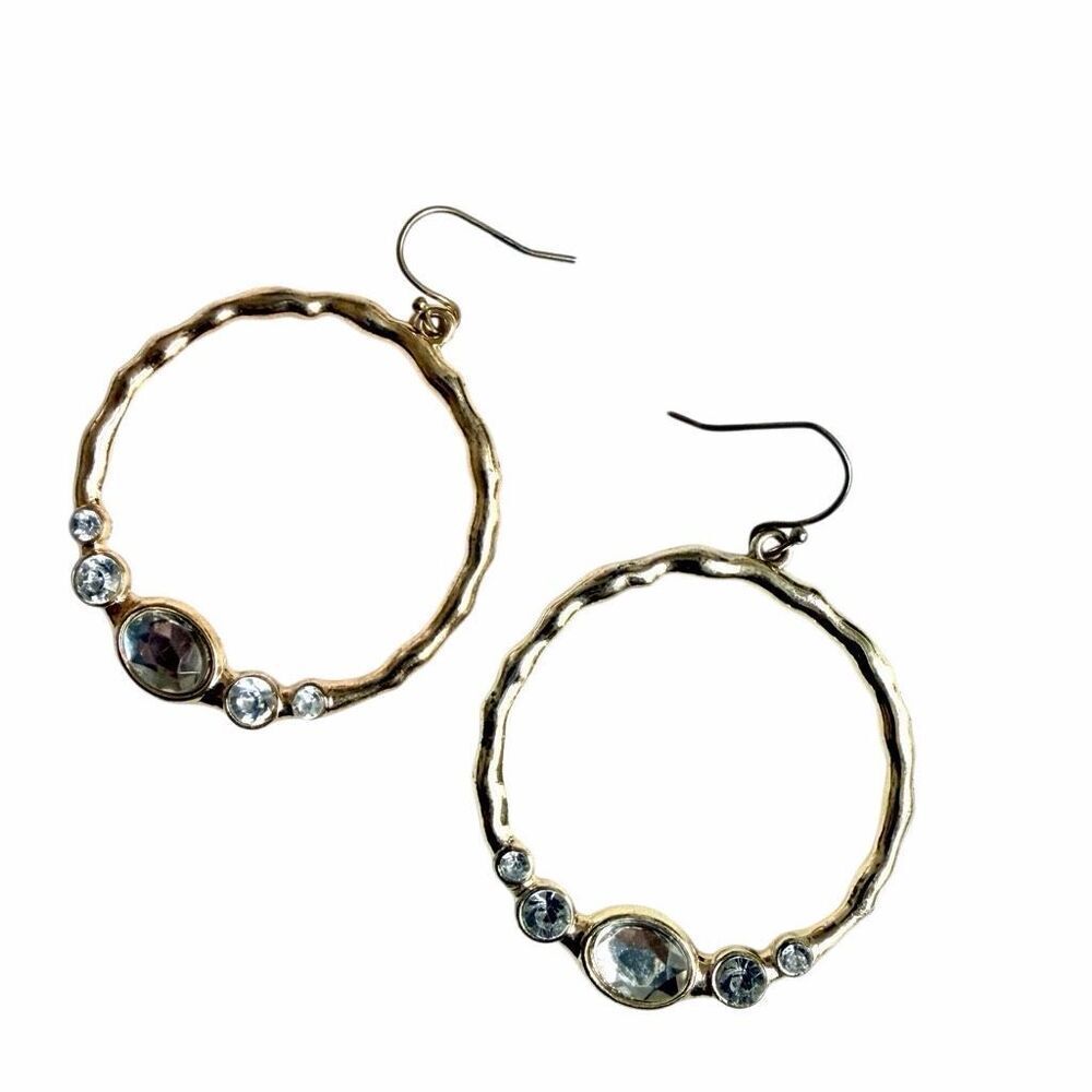 Avon Gold Tone Hammered Hoop Rhinestone Earrings Fishhook  Vintage